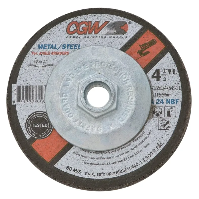 Depressed Center Wheel, 4-1/2 in Dia, 1/4 in Thick, 5/8 Arbor, 24 Grit