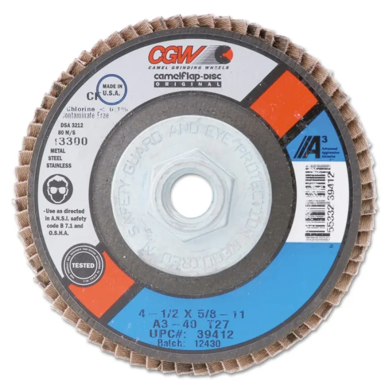Flap Discs, A3 Aluminum Oxide, XL, 4 1/2 in, 40 Grit, 5/8 Arbor, 13,300 rpm, T29