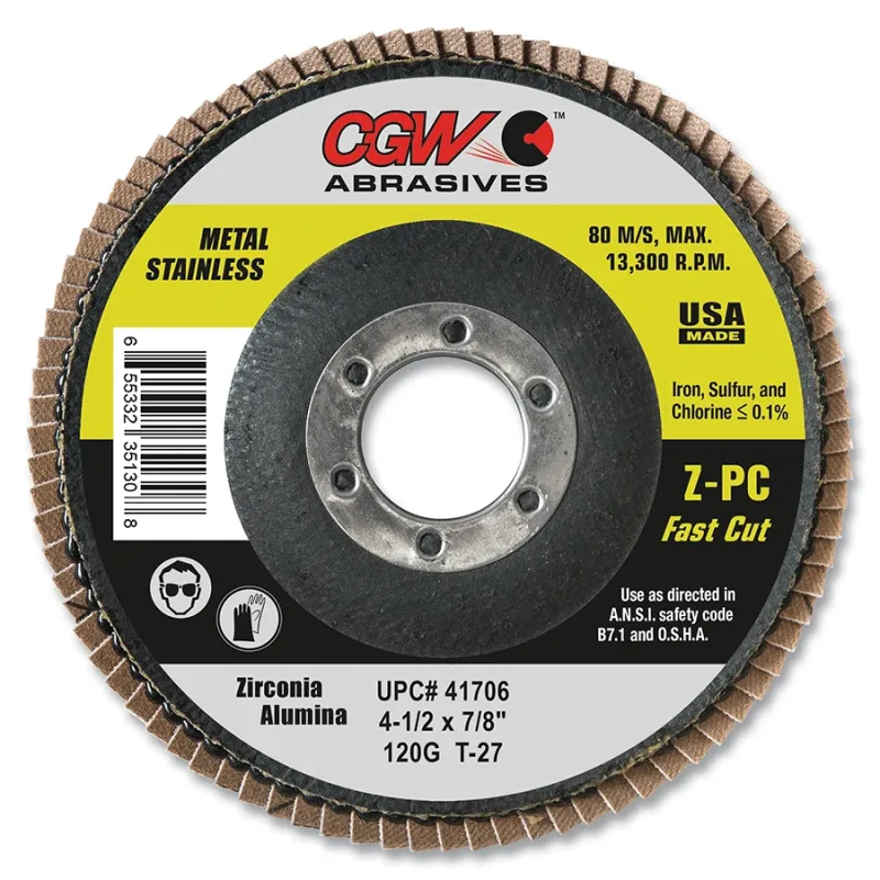 Z-Poly Cotton Flap Disc, 4-1/2 in dia, 40 Grit, 5/8 in - 11 Thread, Type 27