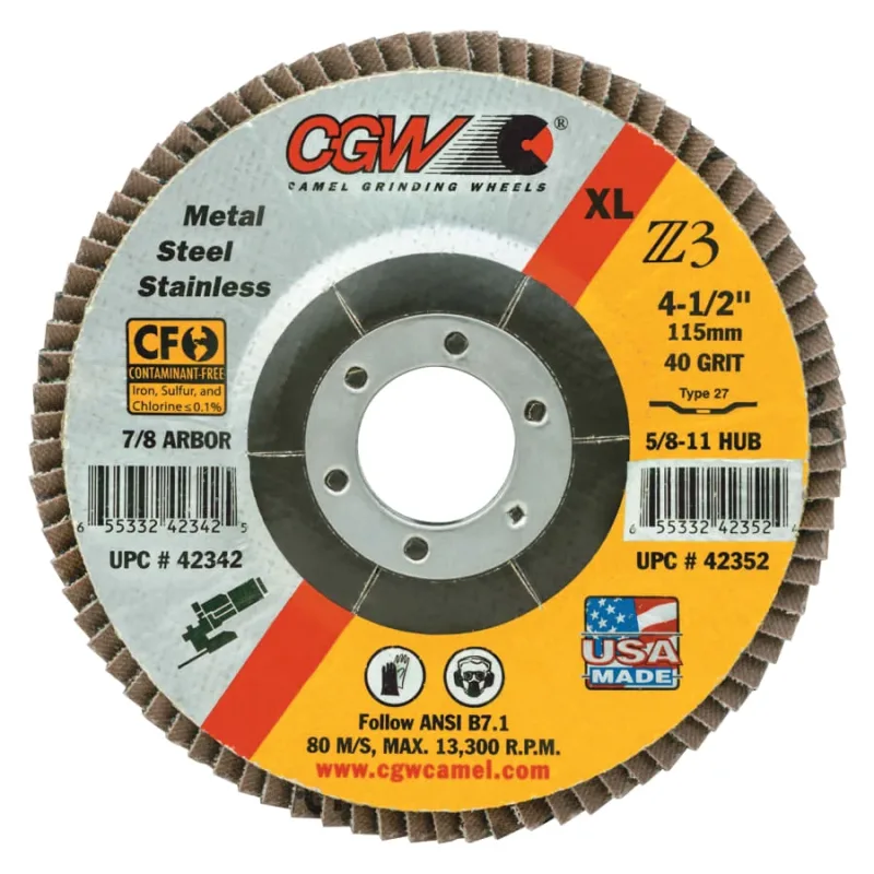 Premium Z3 XL T27 Flap Disc, 4-1/2 in dia, 40 Grit, 7/8 Arbor, 13300 rpm