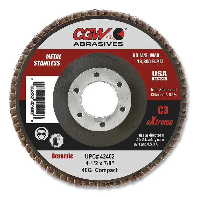 C3 Ceramic Flap Disc, 4-1/2 in dia, 40 Grit, 7/8 in Arbor, 13300 RPM