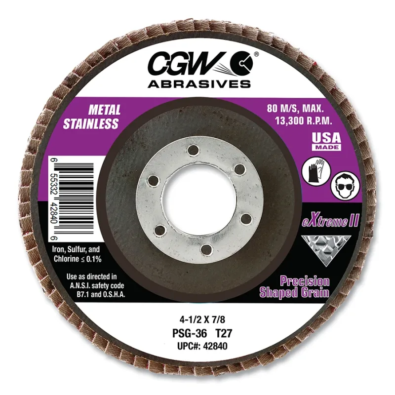 PSG eXtreme II Type 27 Regular Flap Disc, 4-1/2 in dia, 40 Grit, 5/8 in - 11 arbor, 13300 RPM, Compact Regular