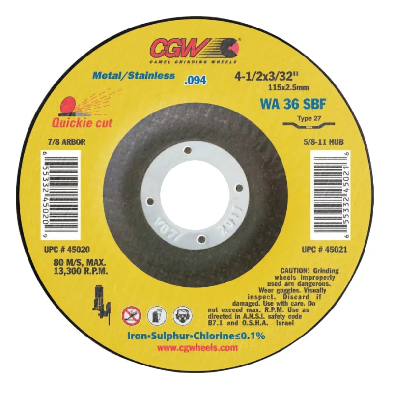 Thin Cut-Off Wheel, 4 1/2 in Dia, 3/32 in Thick, 7/8 Arbor, 36 Grit Alum. Oxide