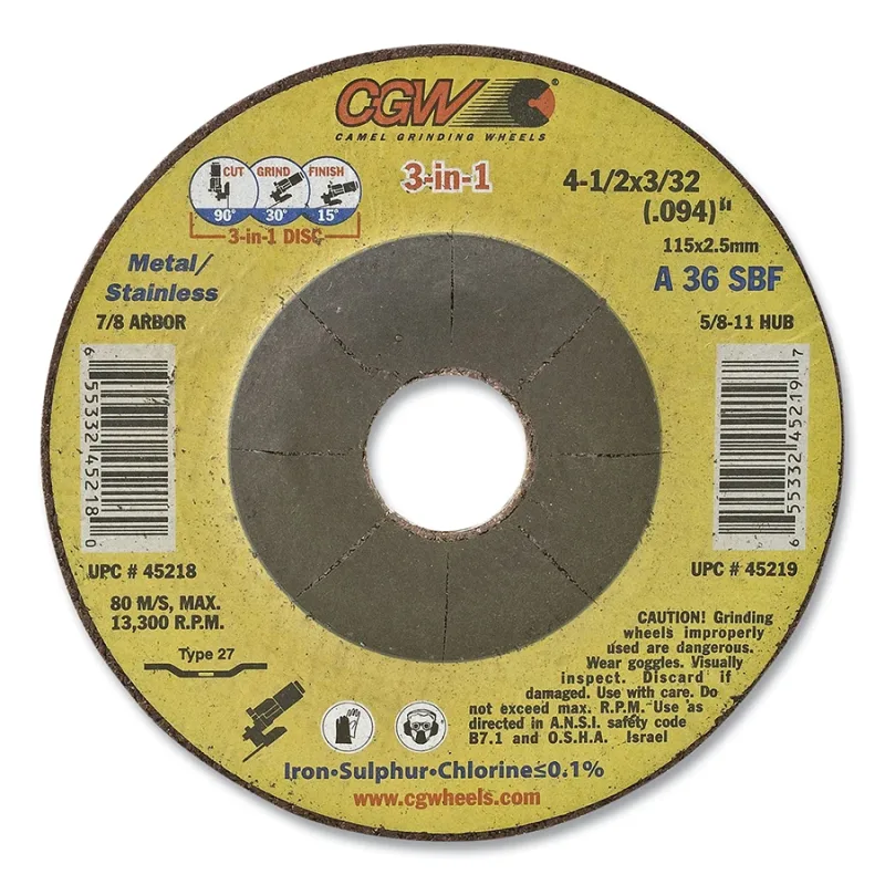 3-in-1 Cut/Grind/Finish Wheel, 4-1/2 in dia, 3/32 in Thick, 36 Grit, 13300 RPM