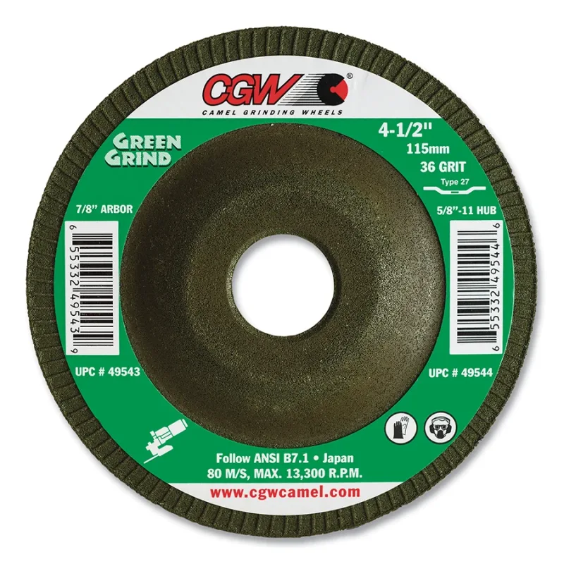 Type 27 Green Grind Grinding Wheel, 4-1/2 in dia, 7/8 in arbor, 36 Grit, Zirconia and Aluminum Oxide