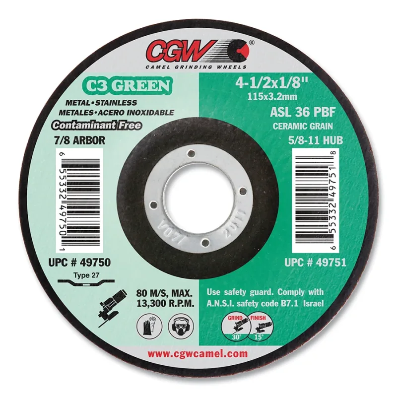 C3 Green Grinding Wheel, Type 27, 4-1/2 in dia, 1/8 in Thick, 36 Grit, 13300 RPM