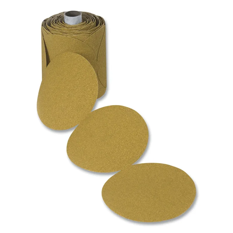 Paper Sanding Disc, Aluminum Oxide, 5 in dia, PSA, P180 Grit, DOR, Gold, MYLAR