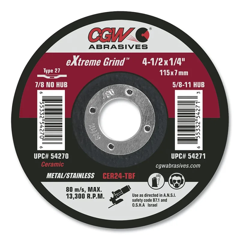eXtreme Grind™ Type 27 Grinding Wheel, 7 in dia, 1/4 in thick, 7/8 in arbor, 24 Grit, Ceramic