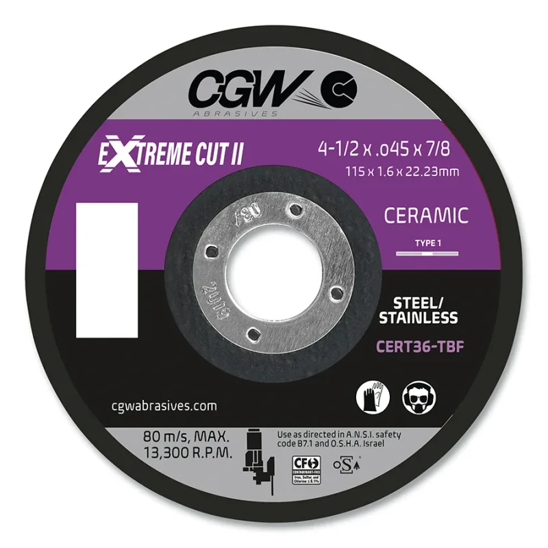 eXtreme Cut™ Type 27 Ceramic Cutting Wheel, 6 in dia, 0.045 in thick, 5/8 in -11 arbor, 36 Grit