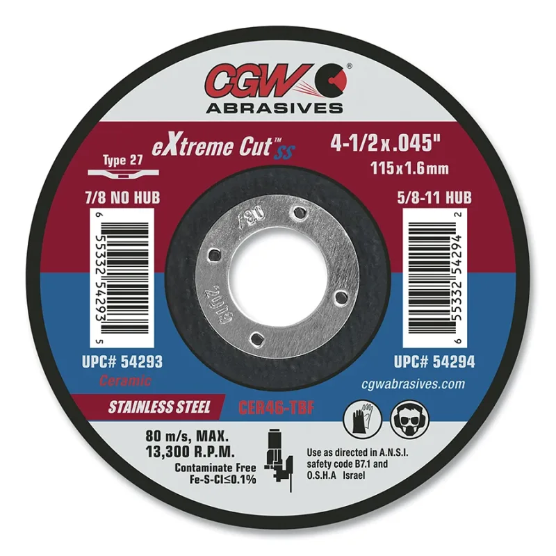 eXtreme Cut SS™ Type 27 Ceramic Cutting Wheel, 6 in dia, .045 thick, 7/8 in arbor, 46 Grit, Ceramic