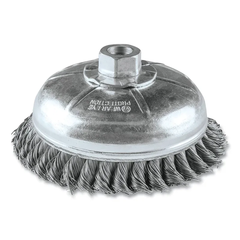 Knot Style Wire Cup Brush, 6 in, 5/8 in - 11 Arbor Thread, .02 in Wire Size, Carbon Steel