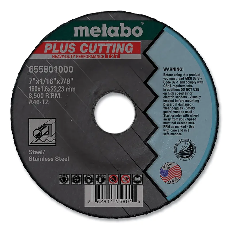 Plus-Z Grind Type 27 Depressed Center Grinding Wheel, 6 in dia, 1/8 in Thick, 7/8 in arbor, 10200 RPM