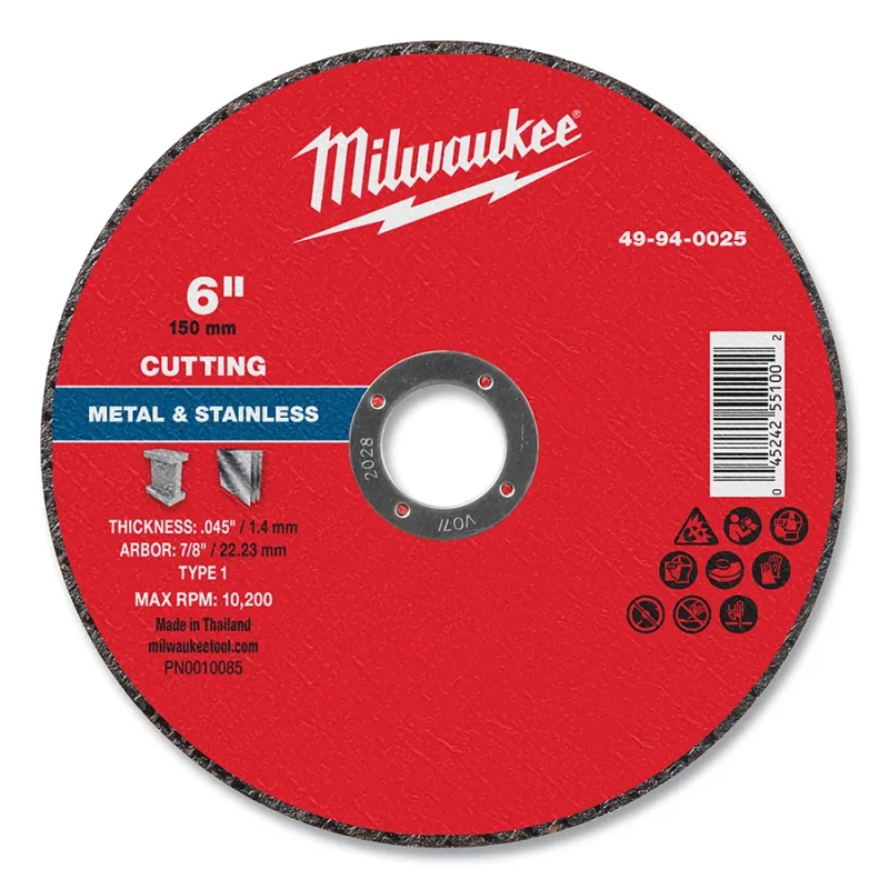 Metal Cut Off Wheel Type 1, 6 in dia, 0.045 in Thickness, 7/8 in Arbor dia, 46 Grit, Aluminum Oxide, 100/PK