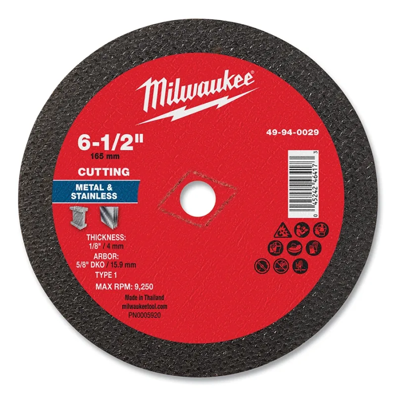 Metal Cut Off Wheel Type 1, 6.5 in dia, 1/8 in Thickness, 5/8 in Arbor dia, 30 Grit, Aluminum Oxide