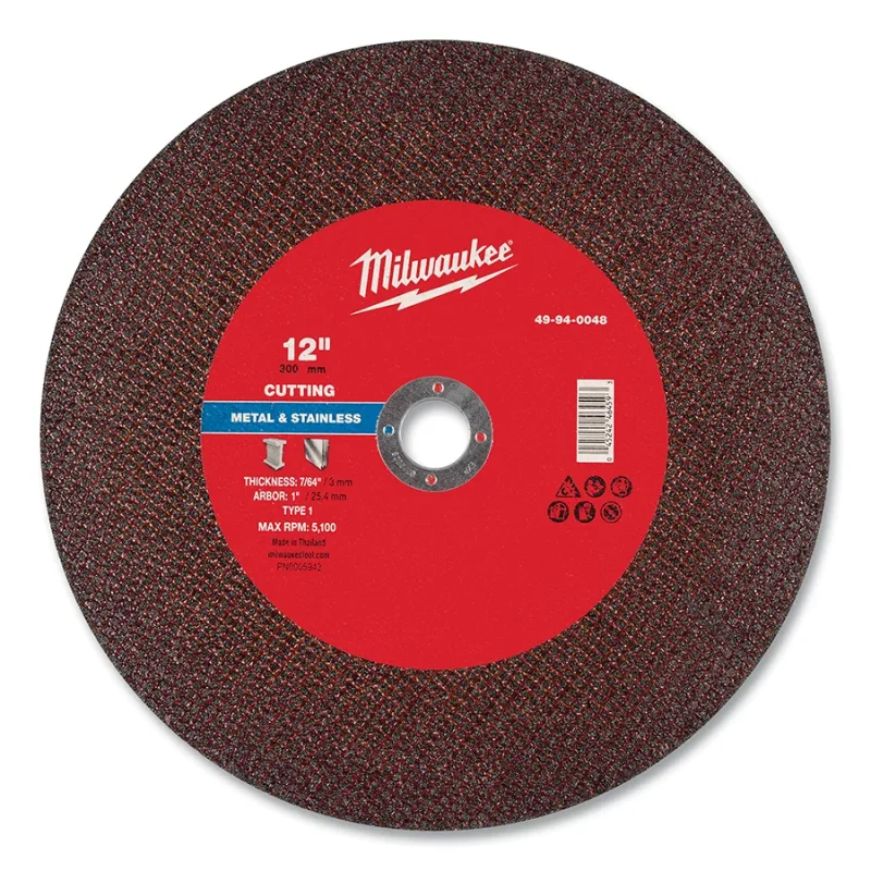 Metal Cut Off Wheel Type 1, 12 in dia, 7/64 in Thickness, 1 in Arbor dia, 30 Grit, Aluminum Oxide