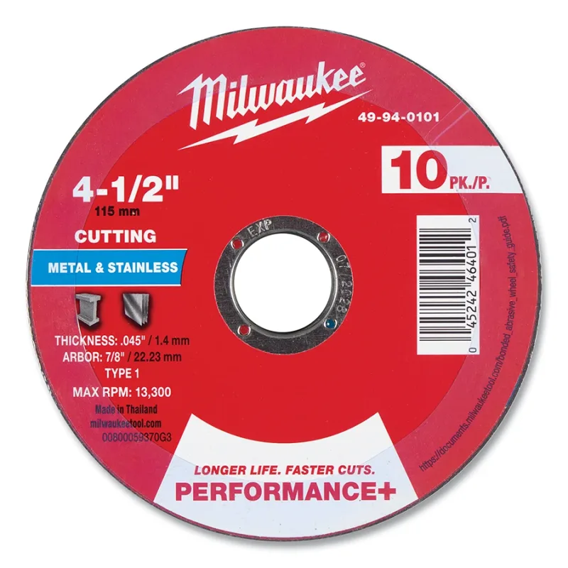 Performance+ Metal Cut Off Wheel Type 1, 4.5 in dia, 0.045 in Thickness, 7/8 in Arbor dia, 46 Grit, Aluminum Oxide, 10/PK