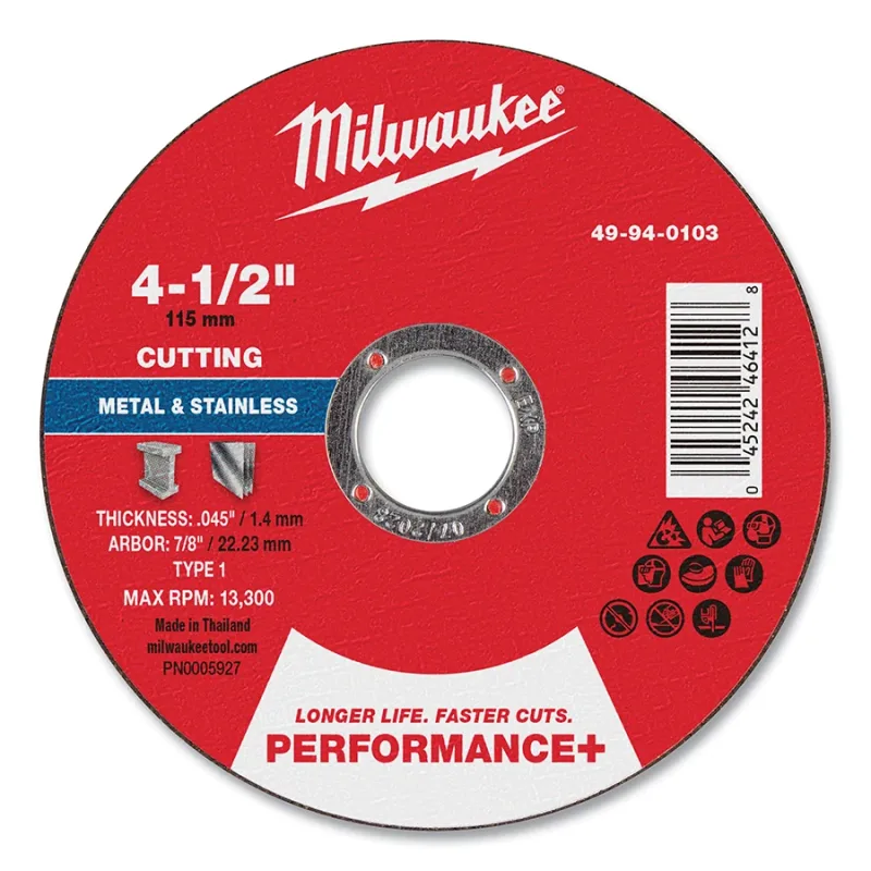 Performance+ Metal Cut Off Wheel Type 1, 4.5 in dia, 0.045 in Thickness, 7/8 in Arbor dia, 46 Grit, Aluminum Oxide, 25/PK