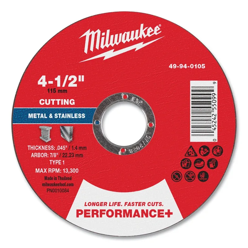Performance+ Metal Cut Off Wheel Type 1, 4.5 in dia, 0.045 in Thickness, 7/8 in Arbor dia, 46 Grit, Aluminum Oxide, 100/PK