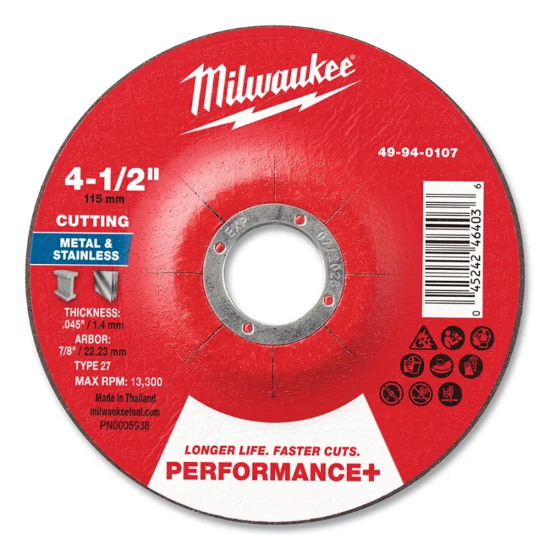 Type 27 Performance+ Metal Cut Off Wheel, 4.5 in dia, 0.045 in Thickness, 7/8 in Arbor dia, 46 Grit, Advanced Aluminum Oxide