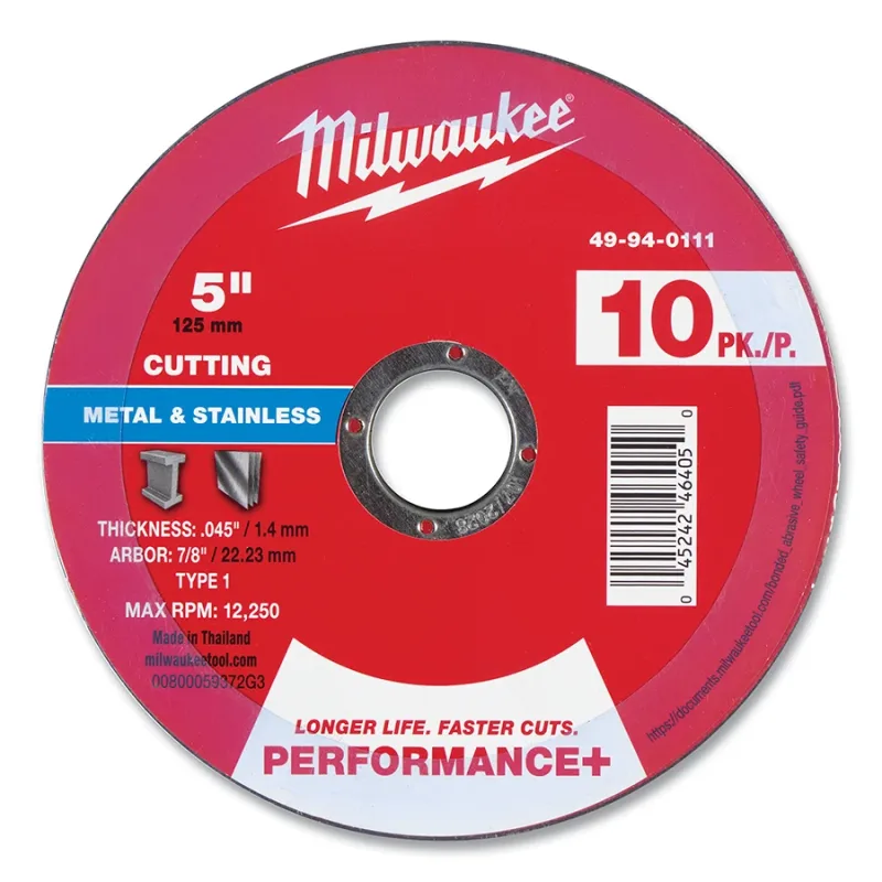 Performance+ Metal Cut Off Wheel Type 1, 5 in dia, 0.045 in Thickness, 7/8 in Arbor dia, 46 Grit, Aluminum Oxide, 10/PK