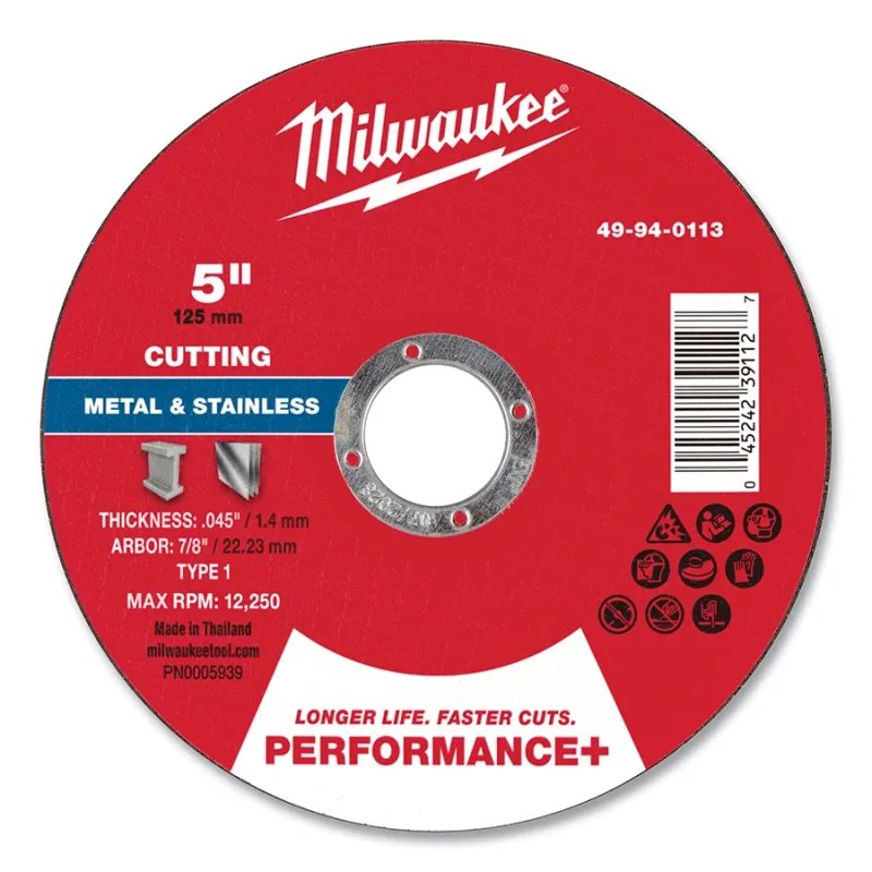 Performance+ Metal Cut Off Wheel Type 1, 5 in dia, 0.045 in Thickness, 7/8 in Arbor dia, A60T Grit, Aluminum Oxide