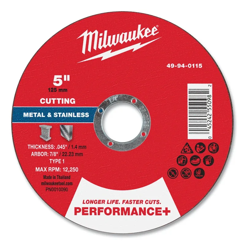 Performance+ Metal Cut Off Wheel Type 1, 5 in dia, 0.045 in Thickness, 7/8 in Arbor dia, 46 Grit, Aluminum Oxide, 100/PK