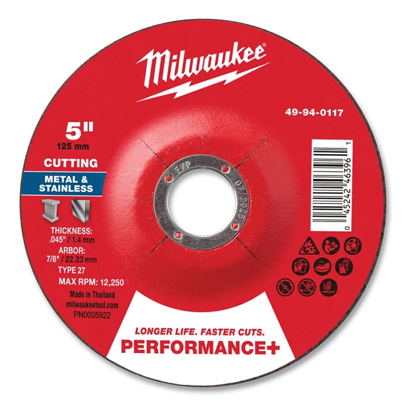 Type 27 Performance+ Metal Cut Off Wheel, 5 in dia, 0.045 in Thickness, 7/8 in Arbor dia, 46 Grit, Advanced Aluminum Oxide