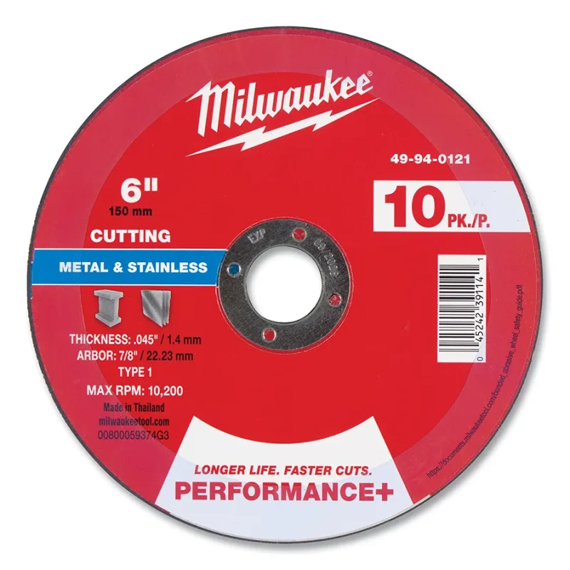Performance+ Metal Cut Off Wheel Type 1, 6 in dia, 0.045 in Thickness, 7/8 in Arbor dia, 46 Grit, Aluminum Oxide, 1/PK