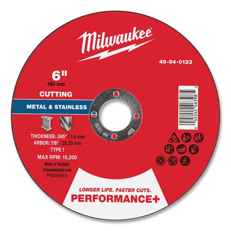 Performance+ Metal Cut Off Wheel Type 1, 6 in dia, 0.045 in Thickness, 7/8 in Arbor dia, 46 Grit, Aluminum Oxide, 25/PK