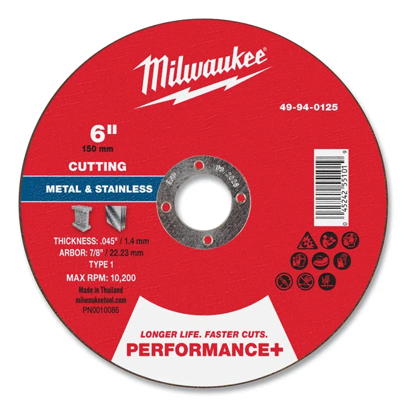 Performance+ Metal Cut Off Wheel Type 1, 6 in dia, 0.045 in Thickness, 7/8 in Arbor dia, 60 Grit, Aluminum Oxide