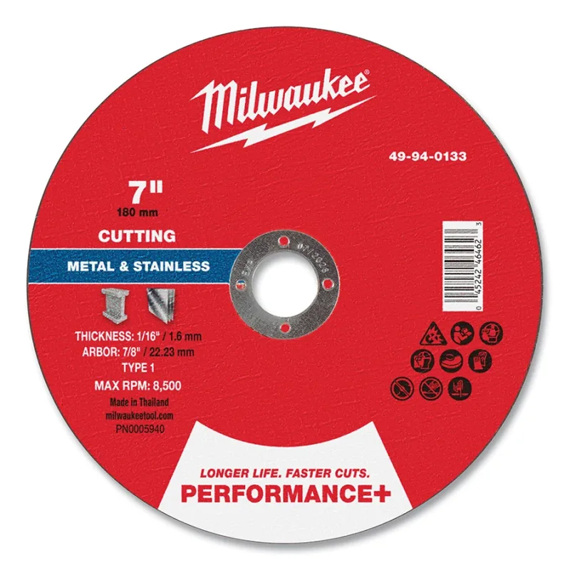 Performance+ Metal Cut Off Wheel Type 1, 7 in dia, 1/16 in Thickness, 7/8 in Arbor dia, 36 Grit, Aluminum Oxide