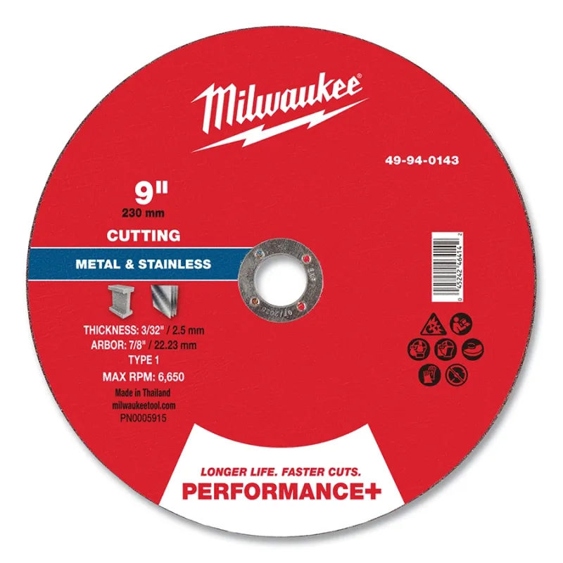 Performance+ Metal Cut Off Wheel Type 1, 9 in dia, 3/32 in Thickness, 7/8 in Arbor dia, 30 Grit, Aluminum Oxide