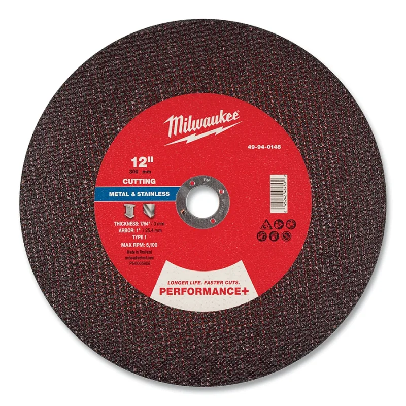 Performance+ Metal Chop Saw Cut-Off Wheel Type 1, 12 in dia, 7/64 in Thickness, 1 in Arbor dia, 30 Grit, Aluminum Oxide