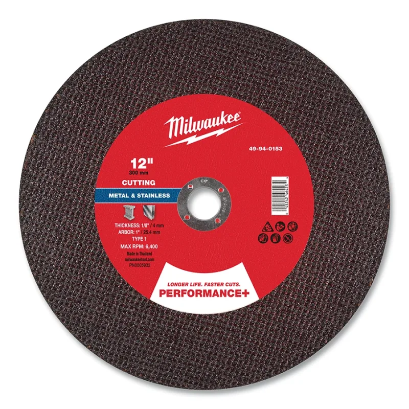 Performance+ Metal Cut Off Wheel Type 1, 12 in dia, 1/8 in Thickness, 1 in Arbor dia, 30 Grit, Aluminum Oxide