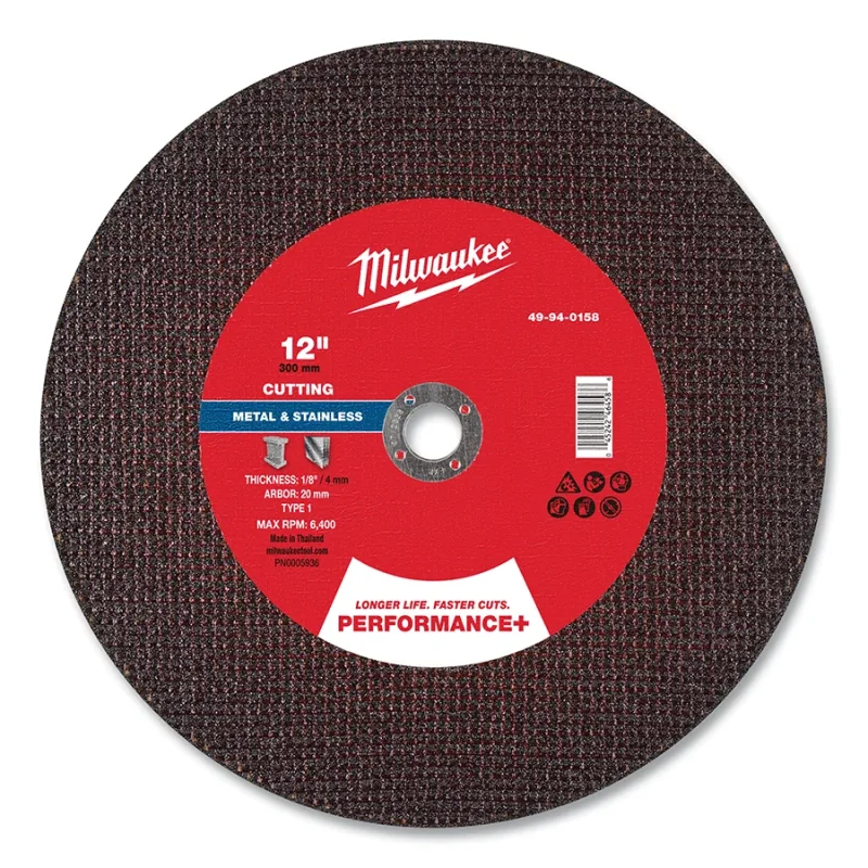 Performance+ Metal Cut Off Wheel Type 1, 12 in dia, 1/8 in Thickness, 20 mm Arbor dia, 30 Grit, Aluminum Oxide