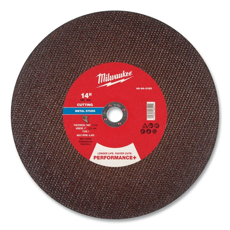 Performance+ Metal Chop Saw Cut-Off Wheel, 14 in dia, 7/64 in Thickness, 1 in Arbor dia, 30 Grit, Aluminum Oxide, Stud Cutter