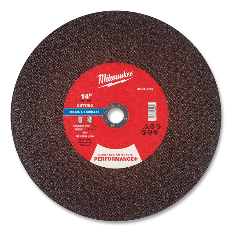 Performance+ Metal Chop Saw Cut-Off Wheel Type 1, 14 in dia, 7/64 in Thickness, 1 in Arbor dia, 30 Grit, Aluminum Oxide