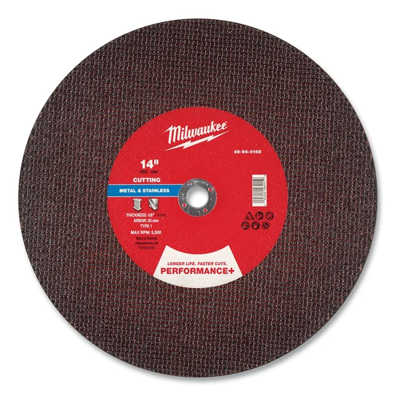 Performance+ Metal Cut Off Wheel Type 1, 14 in dia, 1/8 in Thickness, 20 mm Arbor dia, 30 Grit, Aluminum Oxide