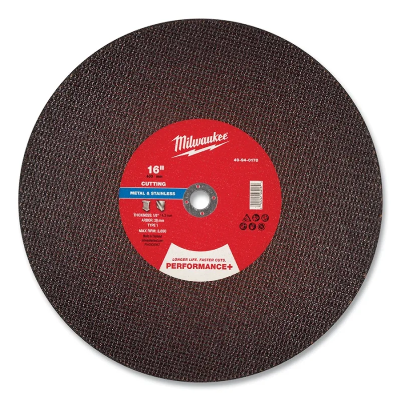 Performance+ Metal Cut Off Wheel Type 1, 16 in dia, 1/8 in Thickness, 20 mm Arbor dia, 30 Grit, Aluminum Oxide