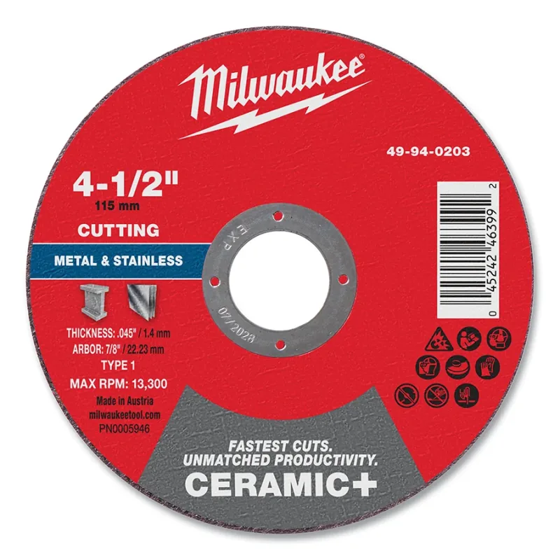 Ceramic+ Metal Cut Off Wheel Type 1, 7 in dia, 1/16 in Thickness, 7/8 in Arbor dia, 46 Grit, Ceramic, 13300 RPM