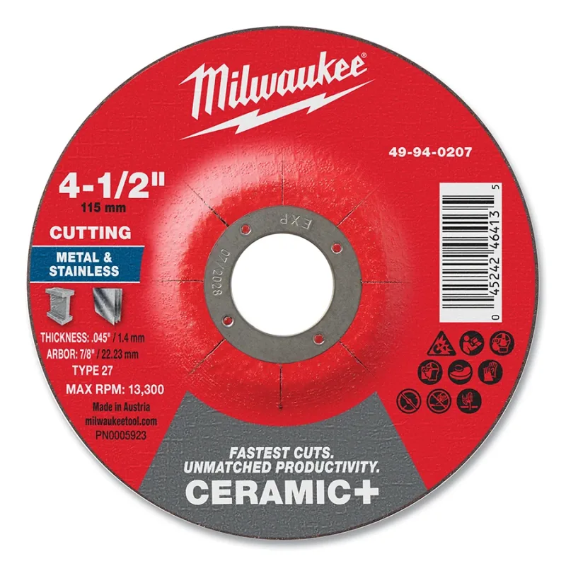 Type 27 Ceramic+ Metal Cut Off Wheel, 4.5 in dia, 0.045 in Thickness, 7/8 in Arbor dia, Ceramic
