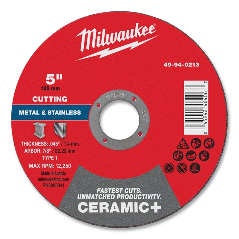 Ceramic+ Metal Cut Off Wheel Type 1, 5 in dia, 0.045 in Thickness, 7/8 in Arbor dia, 46 Grit, Ceramic, 12250 RPM