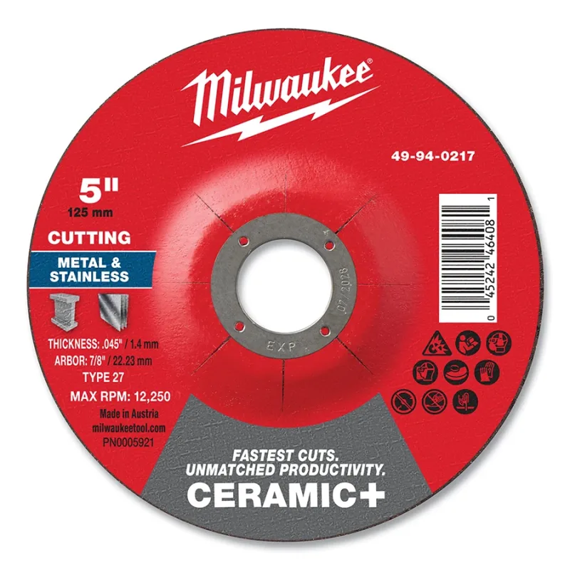 Type 27 Ceramic+ Metal Cut Off Wheel, 5 in dia, 0.045 in Thickness, 7/8 in Arbor dia, 46 Grit, Ceramic