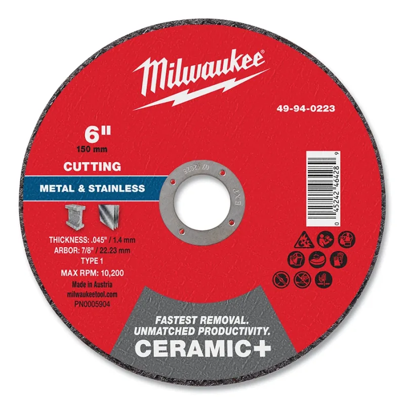 Ceramic+ Metal Cut Off Wheel Type 1, 6 in dia, 0.045 in Thickness, 7/8 in Arbor dia, 60 Grit, Ceramic, 10200 RPM