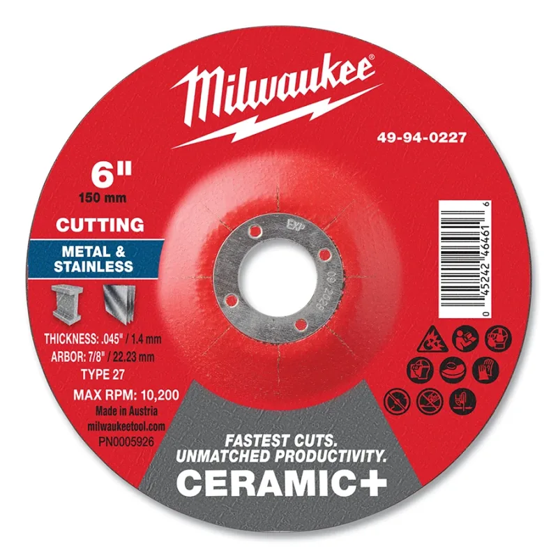 Type 27 Ceramic+ Metal Cut Off Wheel, 6 in dia, 0.045 in Thickness, 7/8 in Arbor dia, 46 Grit, Ceramic