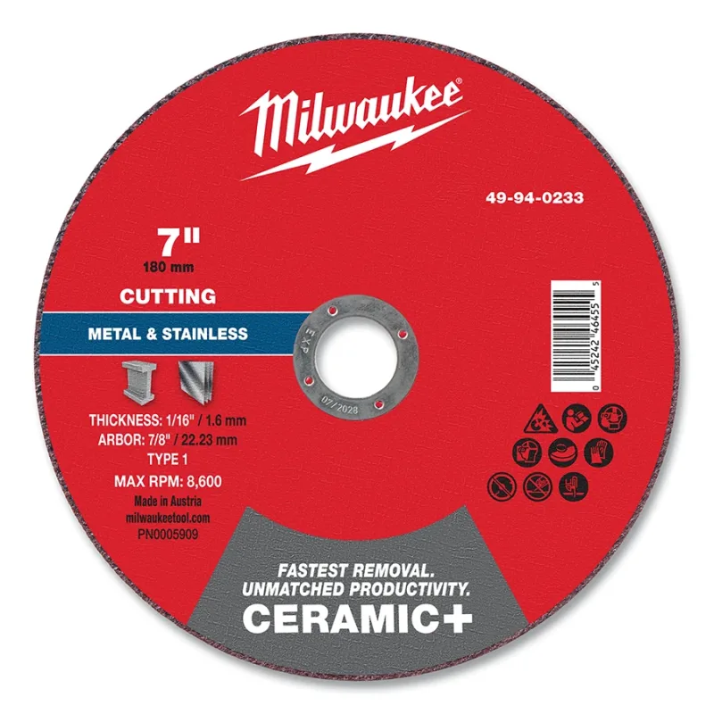 Ceramic+ Metal Cut Off Wheel Type 1, 7 in dia, 1/16 in Thickness, 7/8 in Arbor dia, 46 Grit, Ceramic, 8600 RPM