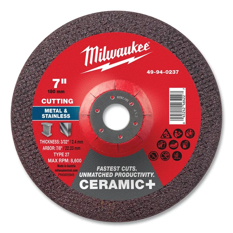 Type 27 Ceramic+ Metal Cut Off Wheel, 7 in dia, 3/32 in Thickness, 7/8 in Arbor dia, 30 Grit, Ceramic