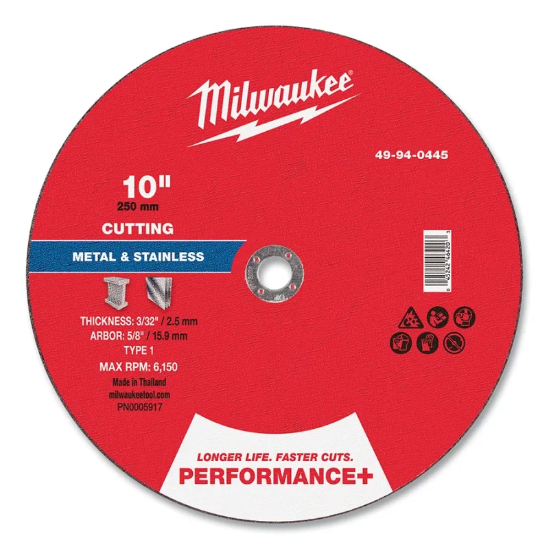 Performance+ Metal Chop Saw Cut-Off Wheel Type 1, 10 in dia, 3/32 in Thickness, 5/8 in Arbor dia, 30 Grit, Aluminum Oxide