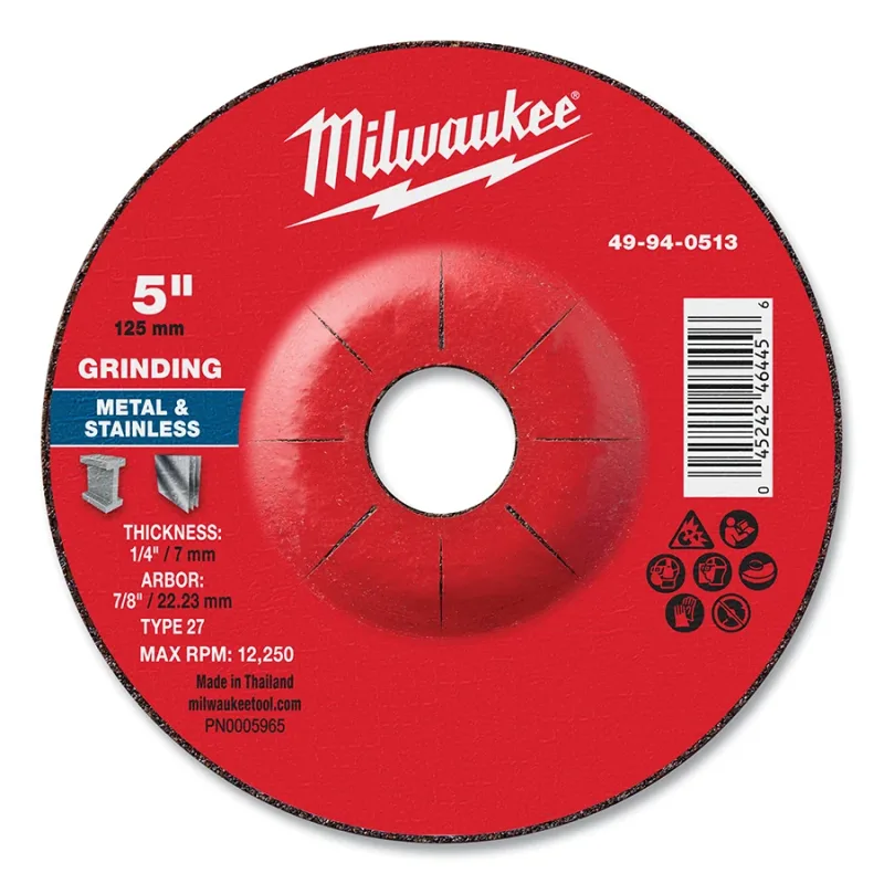 Type 27 Metal Grinding Wheel, 5 in dia, 1/4 in Thickness, 7/8 in Arbor dia, 30 Grit, Aluminum Oxide/Zirconia Grain