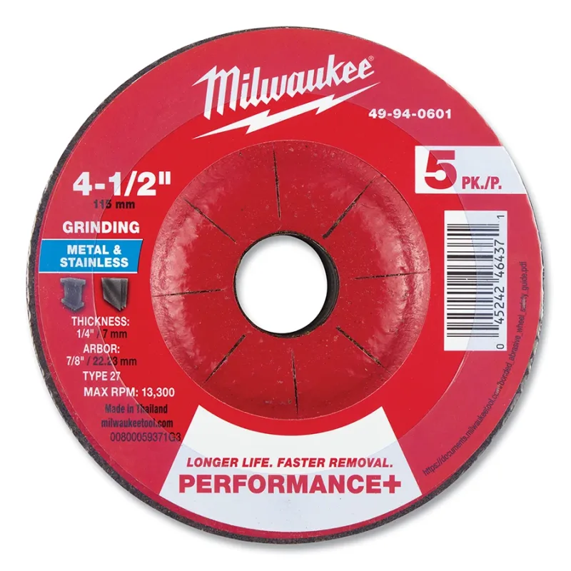 Type 27 Performance+ Metal Grinding Wheel, 4.5 in dia, 1/4 in Thickness, 7/8 in Arbor dia, 24 Grit, Zirconia Alumina, 5/PK